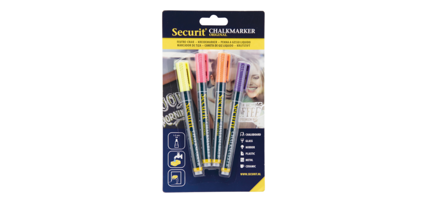 Krijtstift Securit SMA-100 rond 1-2mm geel/oranje/roze/paars blister à 4 stuks