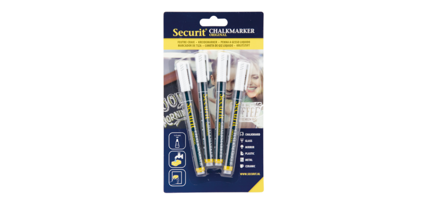 Feutre-craie Securit SMA-100 ogive 1-2mm blanc blister 4 pièces