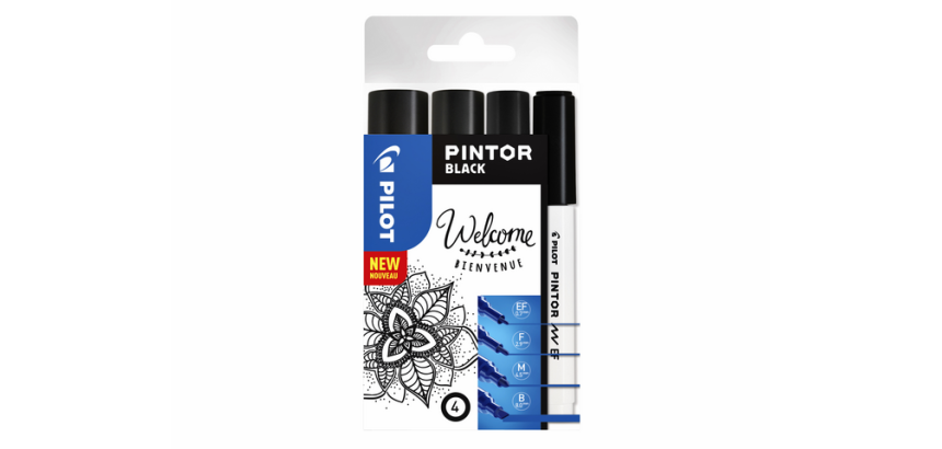 Feutre PILOT Pintor 4 largeurs assorties noir étui 4 pièces