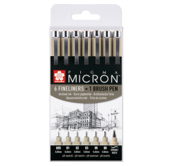 Fineliner Sakura Pigma Micron assorti + feutre pinceau noir