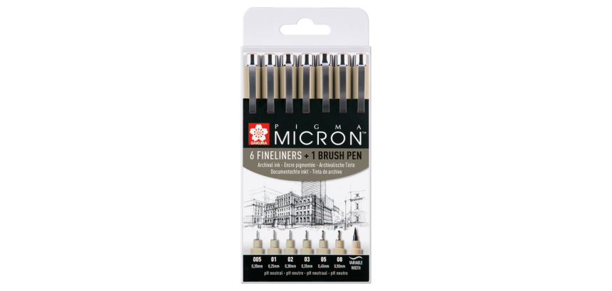 Fineliner Sakura Pigma Micron assorti + feutre pinceau noir