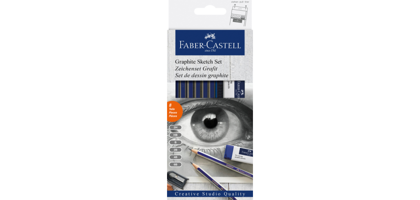 Faber-Castell Pencil 6 hardness levels includes sharpener and eraser