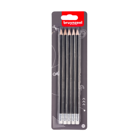 Crayon Bruynzeel Teens HB avec embout gomme blister 5 duretés gris
