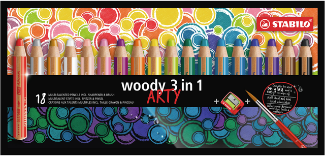 STABILO Woody 880 3-in-1 Arty Buntstift + Anspitzer + passender Pinsel 18 Stück