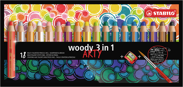 STABILO Woody 880 3-in-1 Colored Pencil Arty + Pencil Sharpener + Assorted Brush 18 Pieces