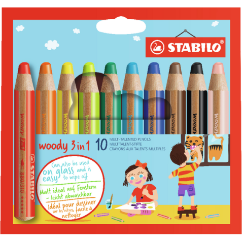 Kleurpotloden STABILO 880 woody 3 in 1 assorti etui à 10 stuks