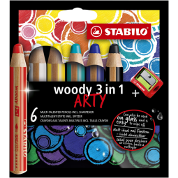 Kleurpotloden STABILO 880 woody 3 in 1 Arty inclusief puntenslijper assorti etui à 6 stuks