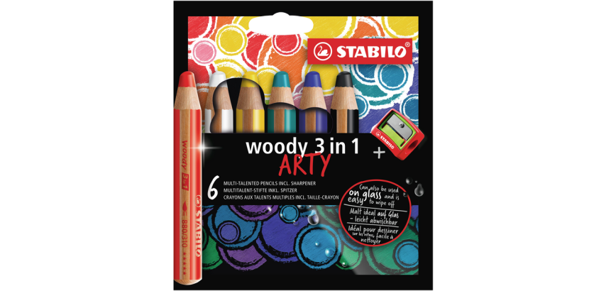 STABILO Woody 880 3-in-1 Colored Pencil Arty + Matching Sharpener 6 Pieces