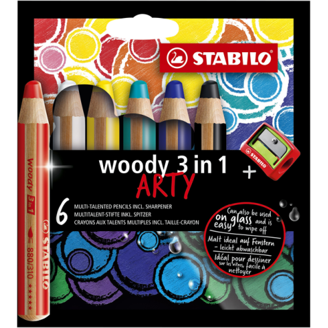 Kleurpotloden STABILO 880 woody 3 in 1 Arty inclusief puntenslijper assorti etui à 6 stuks