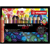 Kleurpotloden STABILO 880 woody 3 in 1 Arty inclusief puntenslijper assorti etui à 10 stuks