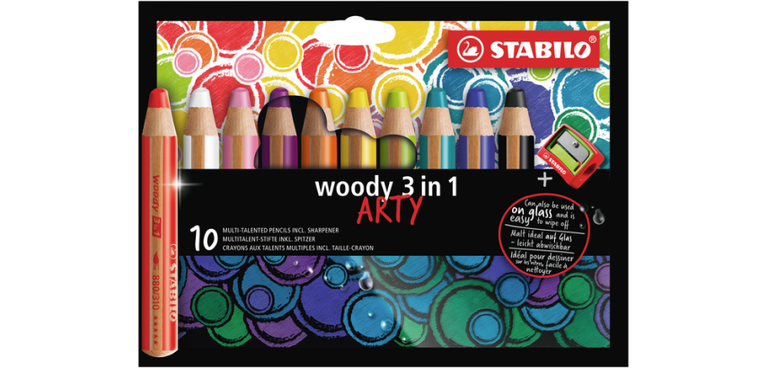 Crayon de couleur STABILO Woody 880 3-en-1 Arty + taille-crayon assorti 10 pièces