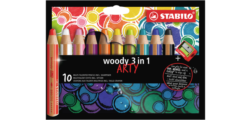 Crayon de couleur STABILO Woody 880 3-en-1 Arty + taille-crayon assorti 10 pièces