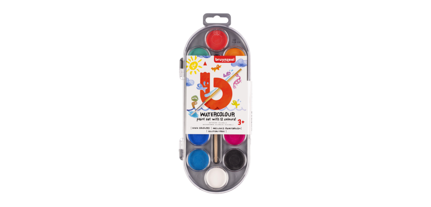 Peinture à l'eau Bruynzeel Kids avec pinceau set 12 pastilles assorti
