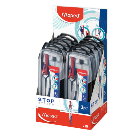 Compas Maped Stop System 3 parties présentoir 10 pièces