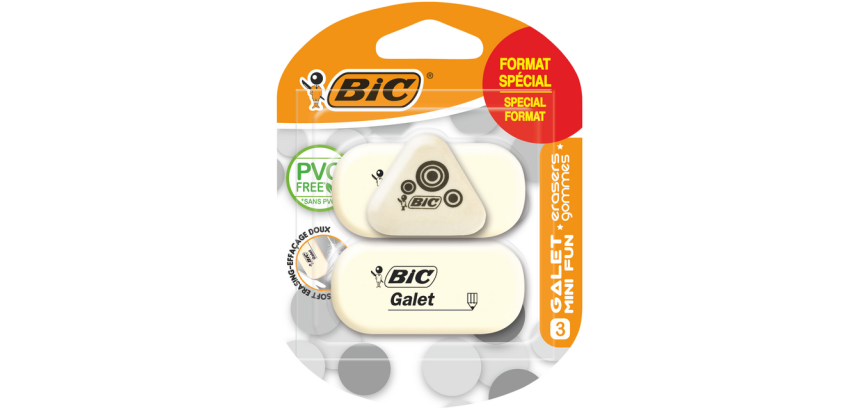 Gomme crayon BIC galet PVC tendre blanc 3 pièces