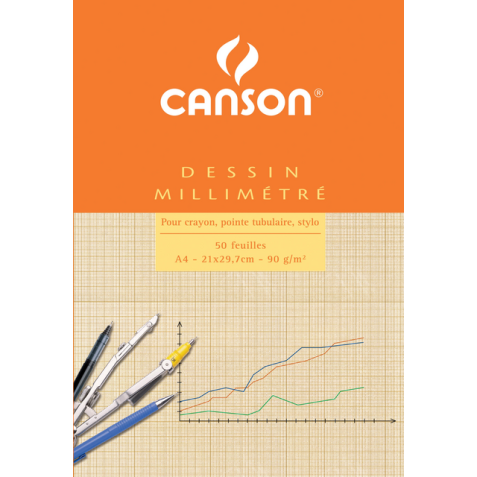 Bloc de papier millimétré Canson A4 impression marron clair 50 feuilles 90g blanc