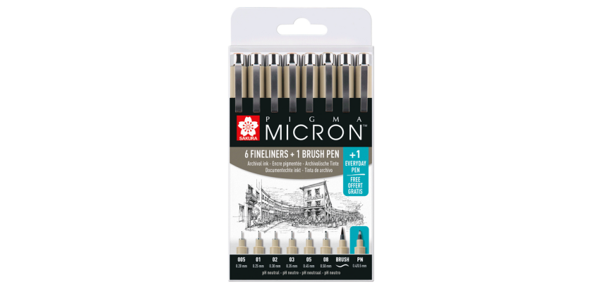 Fineliner Sakura Pigma Micron 6 schrijfbreedtes, brushpen en PN zwart