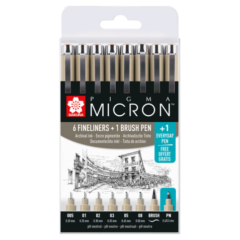 Fineliner & brush set Sakura Pigma Micron 7 + 1 Pigma Micron PN gratis