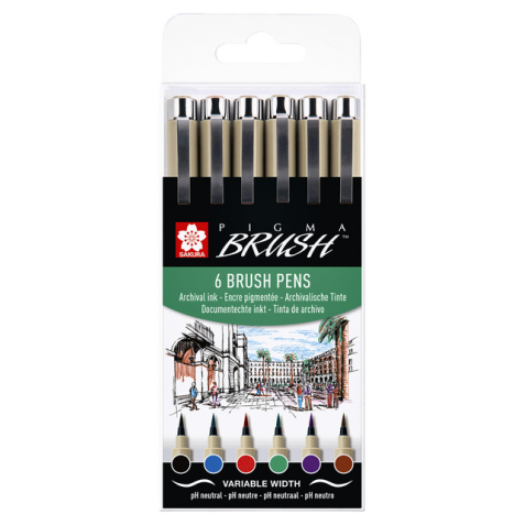 Brushpen Sakura Pigma set 6 kleuren