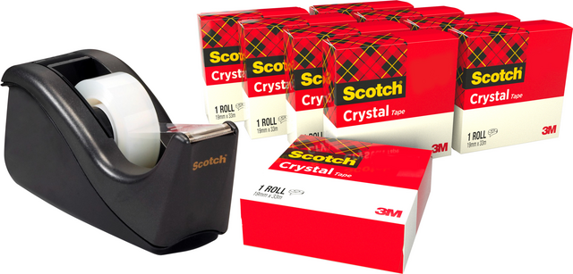 Pack 10 cintas adhesivas Scotch Crystal transparentes + 1 dispensador C60 negro gratis