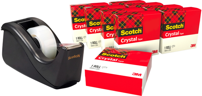 Pack 10 cintas adhesivas Scotch Crystal transparentes + 1 dispensador C60 negro gratis