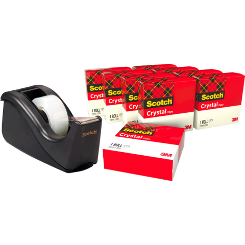 Pack 10 cintas adhesivas Scotch Crystal transparentes + 1 dispensador C60 negro gratis