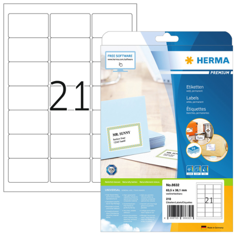 Etiquette HERMA Premium 8632 63,5x38,1mm blanc 210 pièces