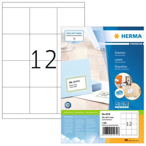 Etiquette HERMA Premium 4279 70x67,7mm blanc 1200 pièces