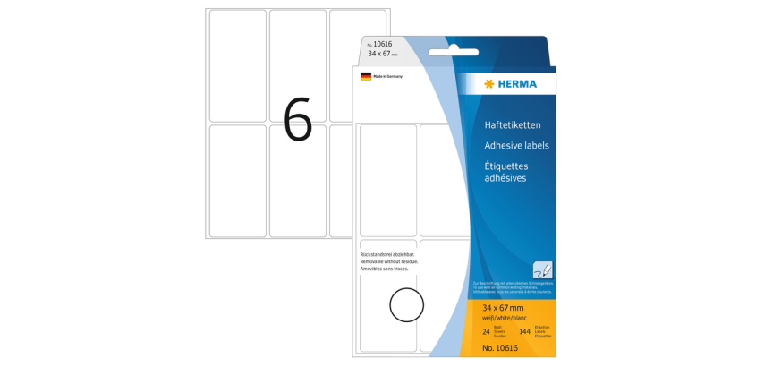 Removable label HERMA 10616 34x67mm white 144 pieces