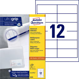 Avery Zweckform 3659, Universele etiketten, Ultragrip, wit, 100 vel, 12 per vel, 97 x 42,3 mm