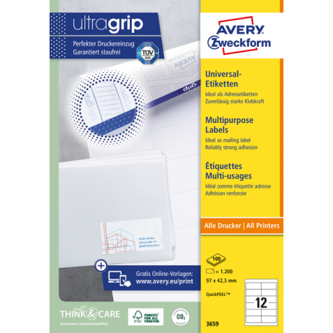 Avery Zweckform 3659, Universele etiketten, Ultragrip, wit, 100 vel, 12 per vel, 97 x 42,3 mm