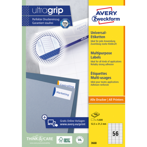 Avery Zweckform 3668, Universele etiketten, Ultragrip, wit, 100 vel, 56 per vel, 52,5 x 21,2 mm