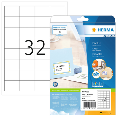 Etiquette HERMA Premium 4200 48,3x33,8mm blanc 800 pièces