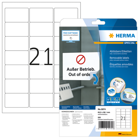 Etiket HERMA 5074 63.5x38.1mm verwijderbaar wit 525stuks