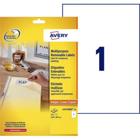 Etiket Avery L4735REV-25 210x297mm A4 afneembaar wit 25stuks