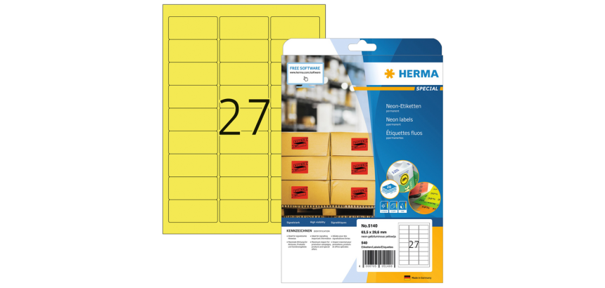 Etiket HERMA 5140 63.5x29.6mm neon geel 540 stuks