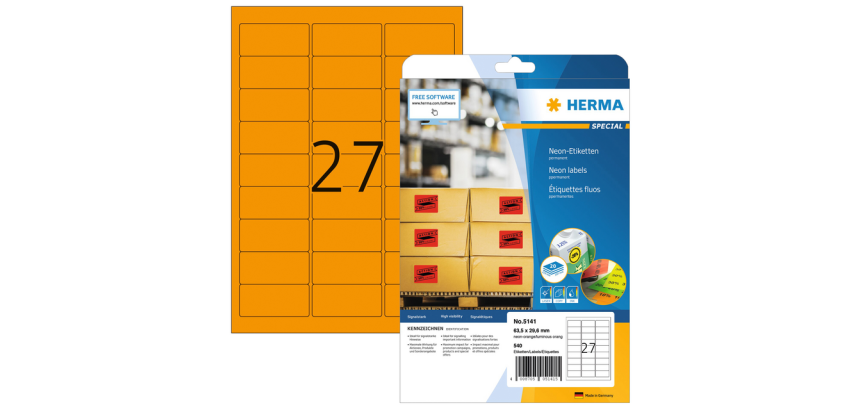Etiquette HERMA 5141 63,5x29,6mm orange fluo 540 pièces
