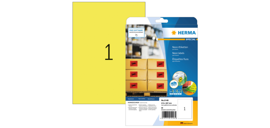 Etiquette HERMA 5148 210x297mm A4 jaune néon 20 pièces