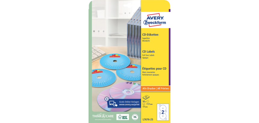 Avery L7676-25 CD Label, full coverage, matte white, 50 pieces