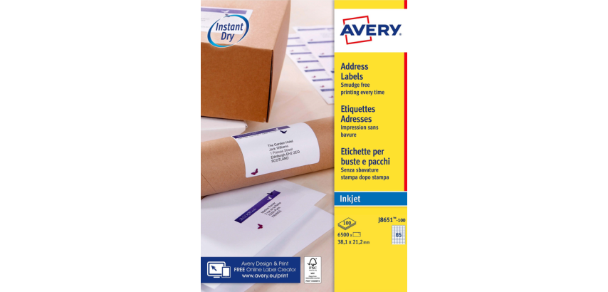 Etiquette Avery J8651-100 38,1x21,2mm blanc 6500 pièces