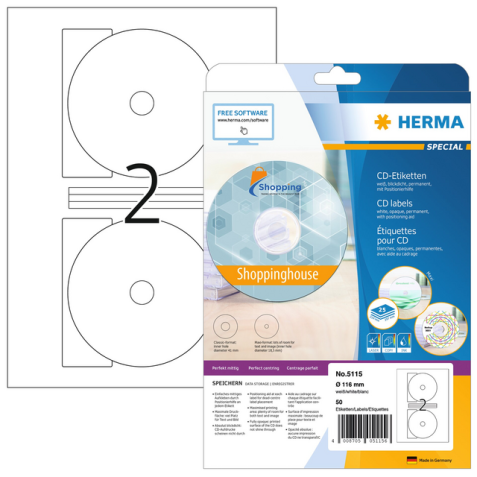 Etiquette HERMA 5115 CD 116mm blanc 50 pièces