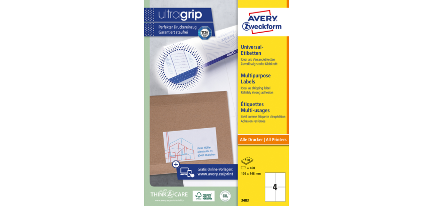 Etiquette Avery 3483 105x148mm A6 blanc 400 pièces