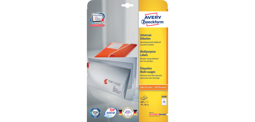 Avery Etiketten 3490 70x36mm weiß 600 Stück