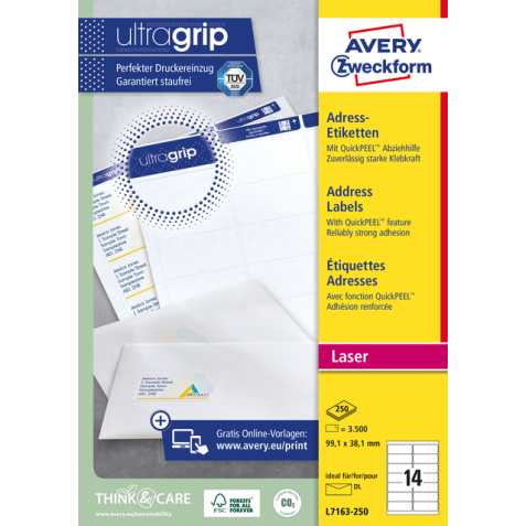 Etiket Avery L7163-250 99.1x38.1mm wit 3500 etiketten