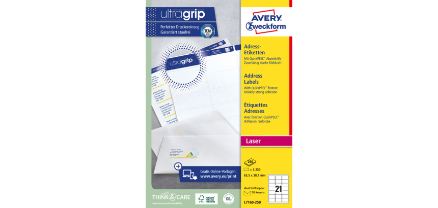 Etiquette Avery L7160-250 63,5x38,1mm blanc 5250 pièces