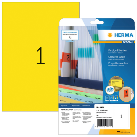 Etiquette HERMA 4421 210x297mm A4 jaune 20 pièces