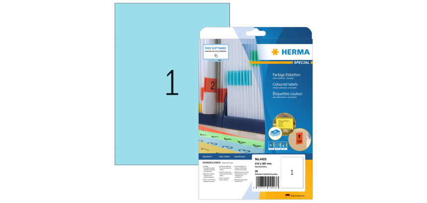 Etiquette amovible HERMA 4423 210x297mm A4 bleu 20 pièces
