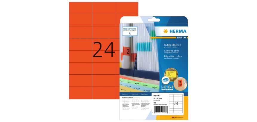 Removable label HERMA 4467 70x37mm red 480 pieces