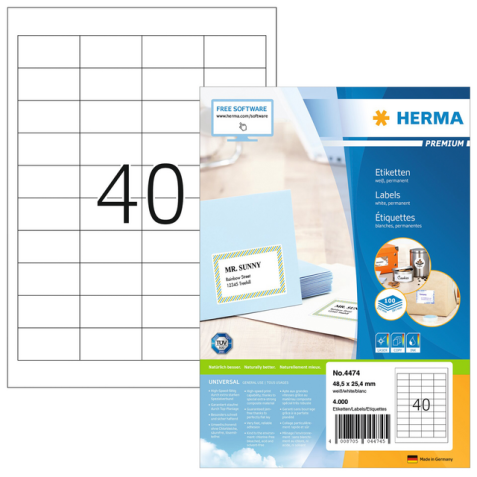 Etiquette HERMA Premium 4474 48,5x25,4mm blanc 4000 pièces