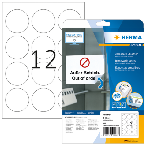 Etiquette HERMA amovible 5067 rond 60mm blanc 300 pièces